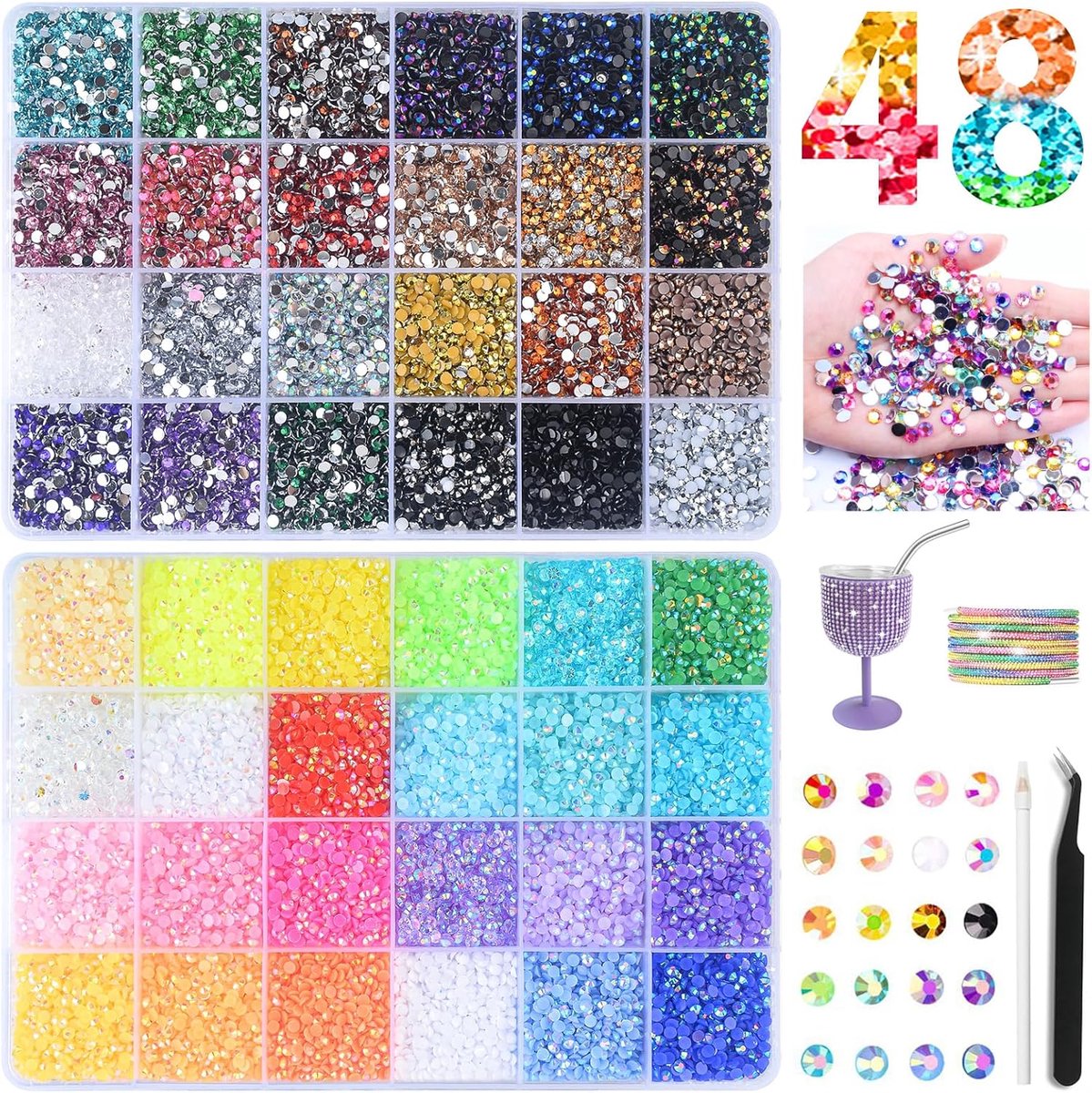 Kit, 32000+ Stuks 3mm Flatback Strass voor Bedazzling met Pen, Bedazzler Edelsteenset voor het Maken van Nagelkunst, Sieraden, Diamant, Kleding, Schoenen, Boek(48 Kleuren)