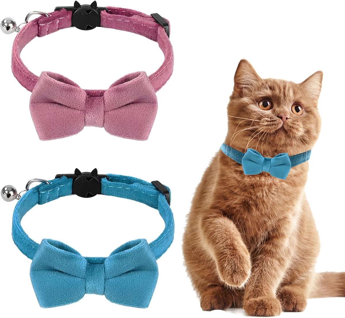 2 stuks fluwelen kattenhalsband met bel en vlinderdas, verstelbaar voor aparte katten, kittens, kleine puppy's, veilige vlinderdas, solide kleur, halsband voor katten