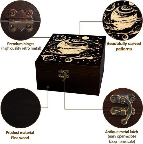 arricraft 1 stuks souvenirbox van hout, decoratieve opbergdoos met kosmische planeetpatronen, sieradenorganizer, gegraveerde houten herinneringsdoos met deksels voor het opbergen van herinneringen — afbeelding 2
