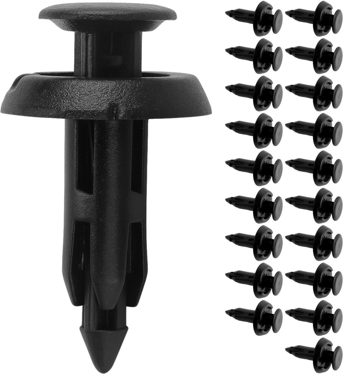 Bevestigingsclips, 20 stuks, Ø 6 mm pin, Ø 15 mm kop, in zwart, gemaakt van kunststof, deursierstrip clip, interieur sierstrip clips, bumper clips, sierstrip houder, interieur houder