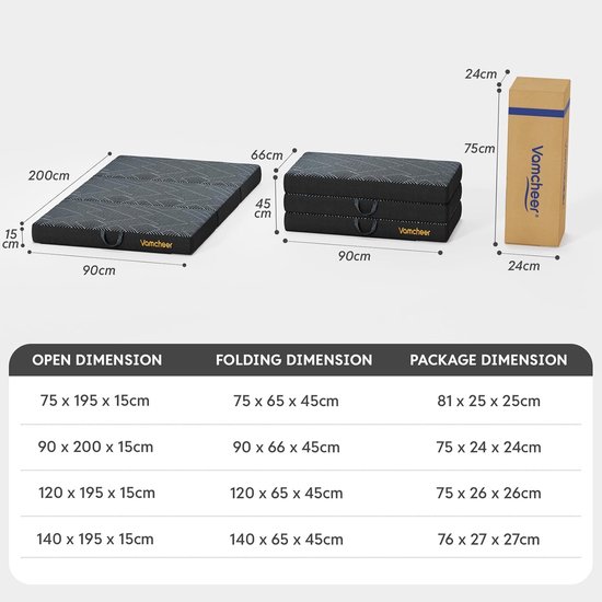 Gastenmatras - Opklapbaar bed - Logeren en reizen - Extra dik 15 cm - 90 x 200 cm - Grijs — afbeelding 2