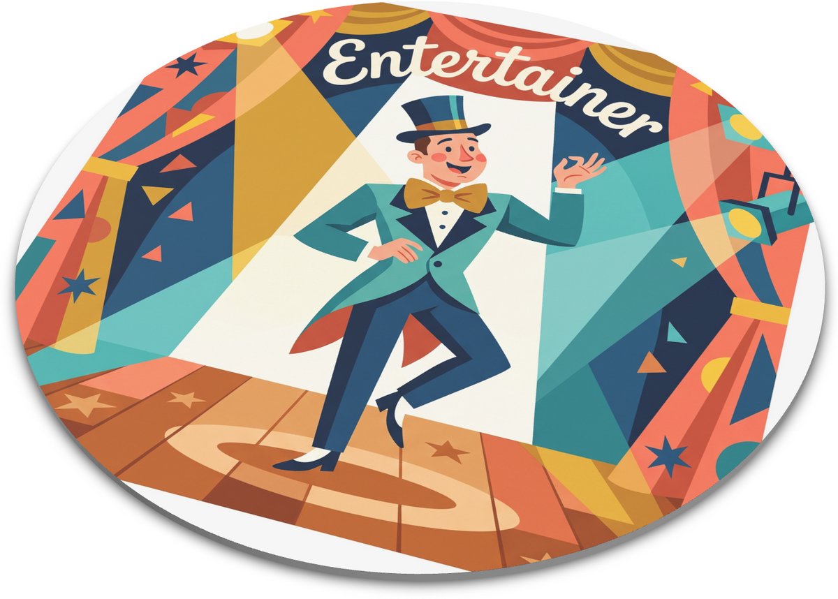 Ronde muismat Entertainer met podium, spotlights, hoge hoed en vrolijke showstijl, kleurrijke Mid-Century gouache illustratie voor artiest, performer, theaterfan en bureau 22x22 cm