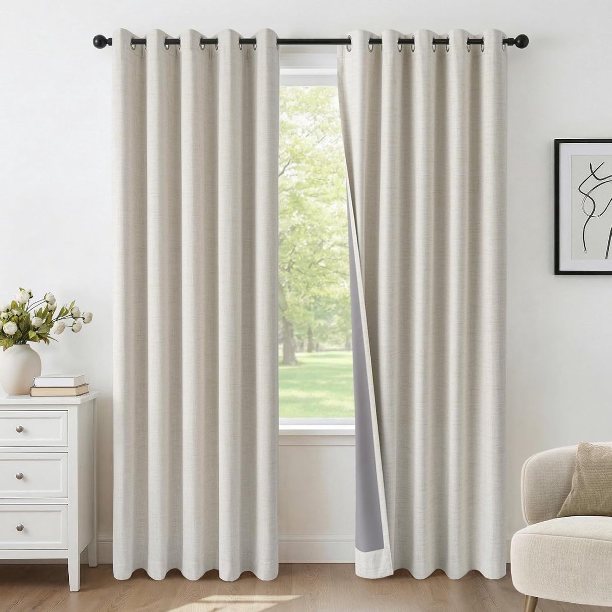 100% Verduisterende Gordijnen met Gaten 2 Stuks 140 x 245 CM, Linnenlook Gordijnen Thermisch Gordijn Koudewerende Ondoorzichtige Gordijnen, Beige Licht Gordijnen voor Woonkamer Slaapkamer