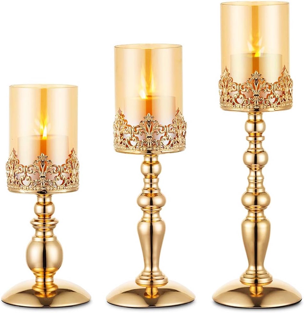 Pijler Kandelaars met Glas, Set van 3 Gouden Orkaan Kandelaar Moderne Woondecoratie Geschenken, Kaarslicht Houder voor Huwelijksverjaardag Housewarming Party Tafel Centerpieces