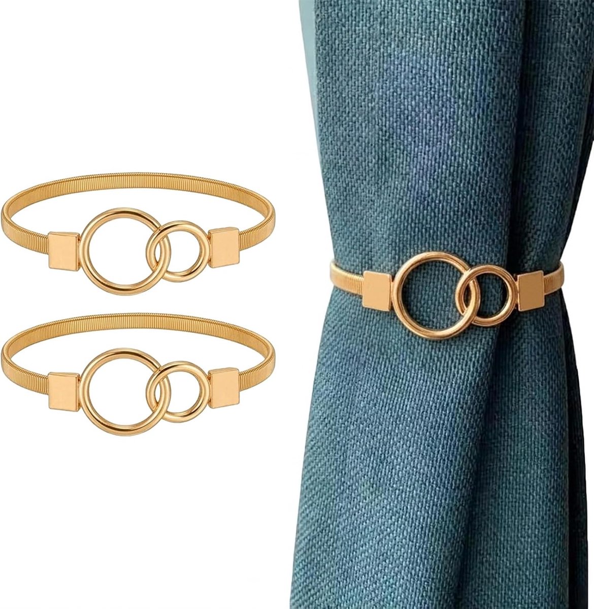 Set van 2 gordijnbinderruggen - 12 stijlopties en verstelbare gordijnhouders voor touw, metalen gordijngespclips voor thuis, hotel, kantoor, raamgordijn (goud - sluiting)