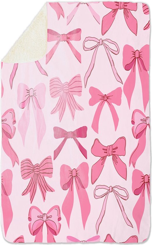 Roze fleecedeken met een patroon van verschillende roze strikken.