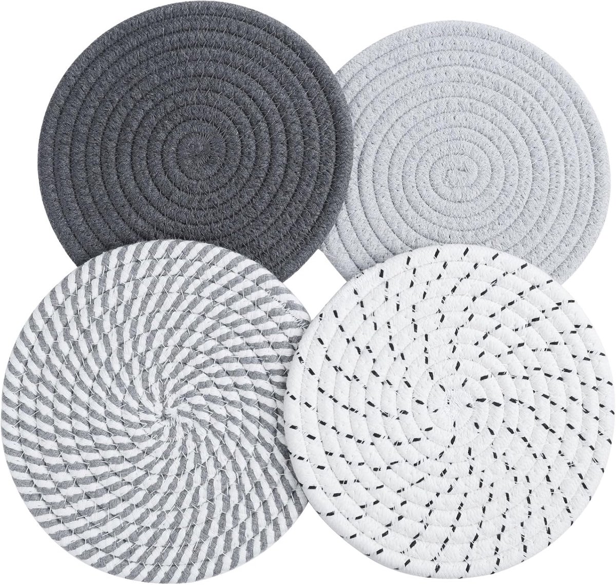 4 stuks onderzetters, katoenen draad, geweven mat, geïsoleerde placemat, 4 kleuren, ronde gevlochten onderzetters, hete pothouder, placemats voor keuken, potten, pannen en borden