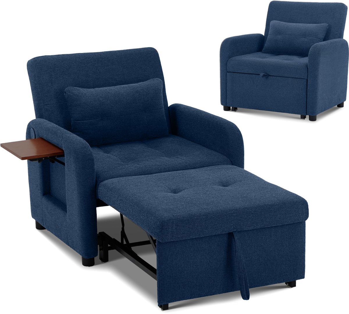Colamy Opvouwbare Relaxfauteuil Donkerblauw - Stoffen Bekleding - Verstelbare Rugleuning - Zit- en Ligfunctie - USB-poort - Inclusief Kussen