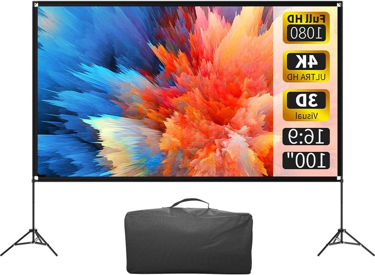 Projectorscherm met standaard - Filmscherm draagbaar - Thuisbioscoop creëren - Kreukvrij 4K HD - 100 inch 16:9 - Wit