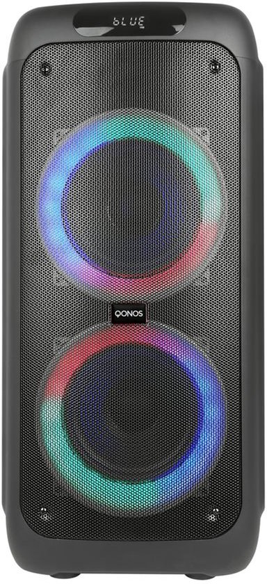 Zwarte party speaker met aan de voorkant twee grote speakers met gekleurde LED-verlichting en het QONOS logo.