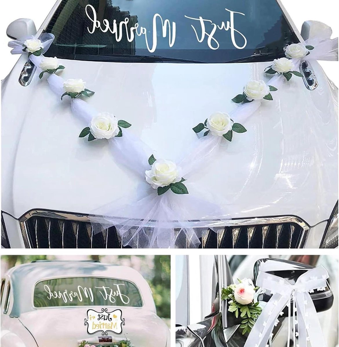 Bruiloft Autodecoratie - Trouwauto Versiering - Romantische Sfeer - Zijden Kunstbloemen - 9 Delige Set - Wit