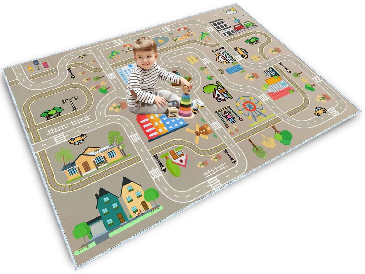 Automatten voor kinderen speelgoedauto's voor slaapkamer,Kinderen Tapijt Speelmat Stad Leven Geweldig om te Spelen met Auto's en Speelgoed,Kindergebied Straat Stad Tapijt voor Klaslokaal(B,160x230cm)