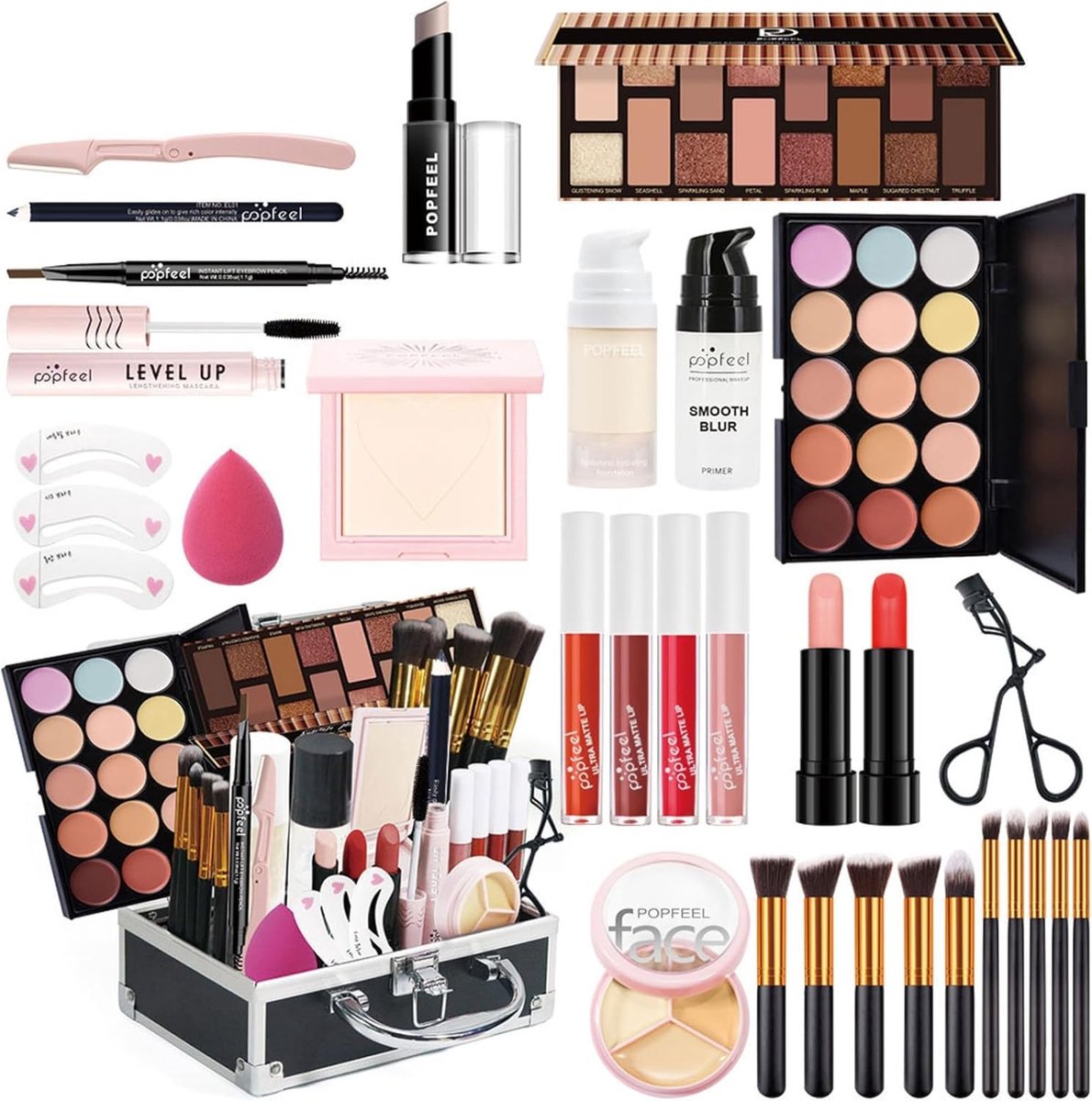 Complete Makeup Set met Opbergdoos - Perfecte Startset voor Vrouwen, Inclusief Oogschaduw, Concealer en Lipgloss voor Thuis en Reizen