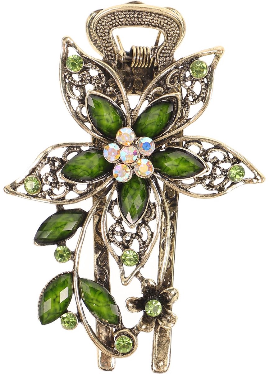 minkissy Strass-haarklauw vintage bloemen, groene bladeren, haarklauw, antislip, prachtige haarspeld voor vrouwen en meisjes