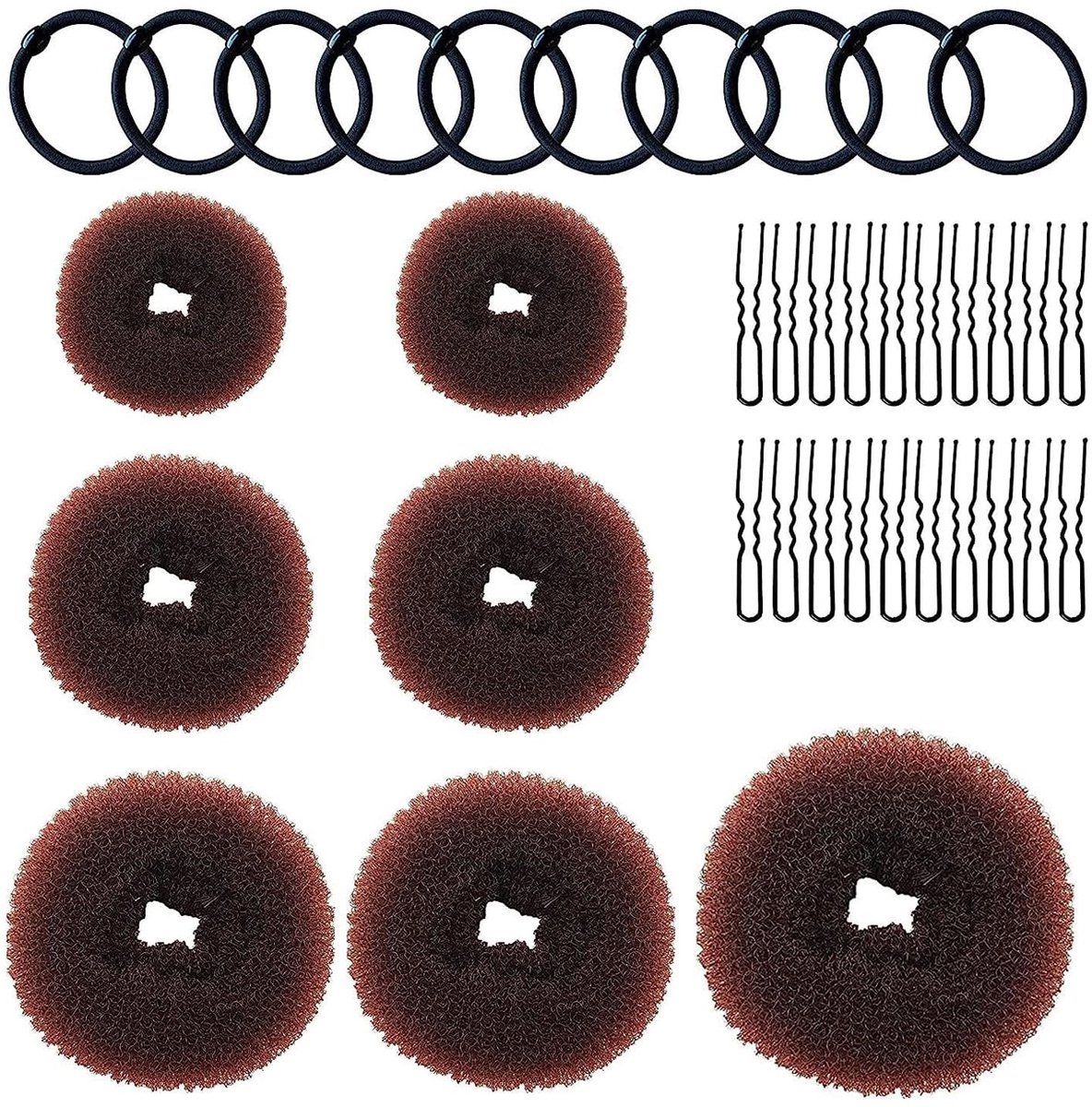 37 stuks donuthaarknotmakerset, 7 stuks knotkussens met 10 elastische haarband en 20 U-vormige haarspelden, knotkussen, kapselhulpset, donut-haarknotenmakerset