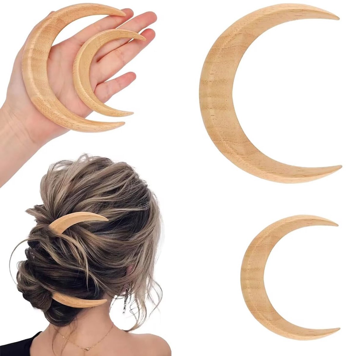 2 Stuks Maan Haar Vork Hand Gesneden Haarclip Dunne Lange Houten Maan Haarspeldjes Lichtgewicht Haarstyling Tool