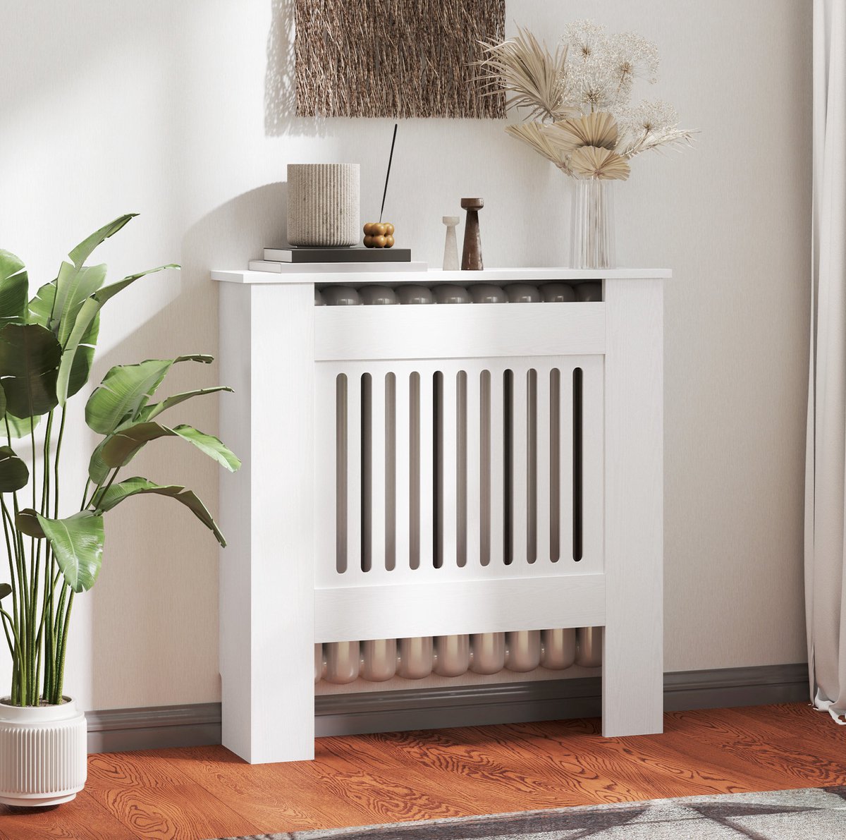 MEUNIQ Radiatorombouw 78 x 19 x 81 cm met ventilatiesleuven en bovenplank, verwarmingsombouw voor woonkamer of slaapkamer, wit