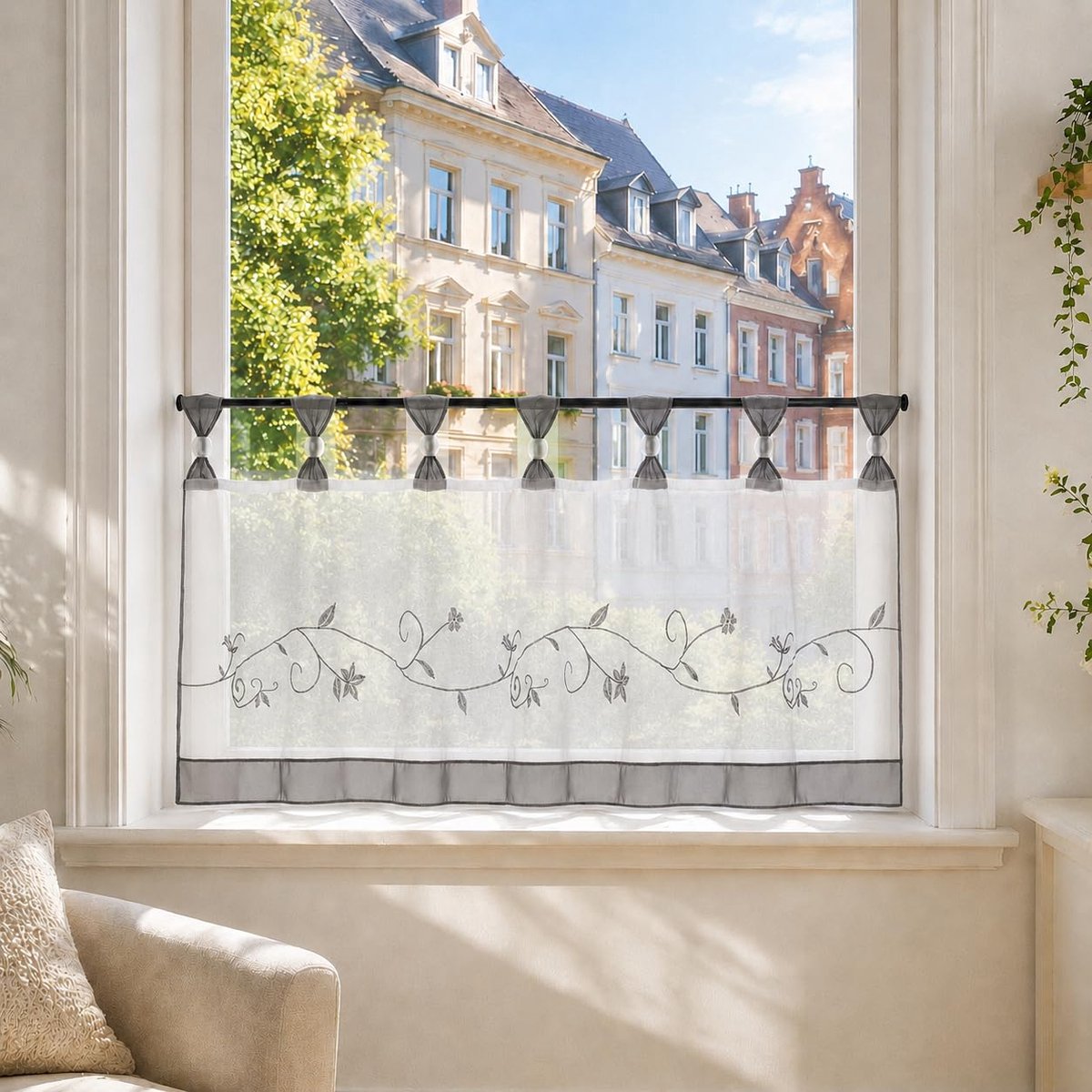 Vitrage, voile bistrogordijn met bloemenborduurpatroon, transparant gordijn H x B 45 x 90 cm, grijs, 1 stuk verpakking