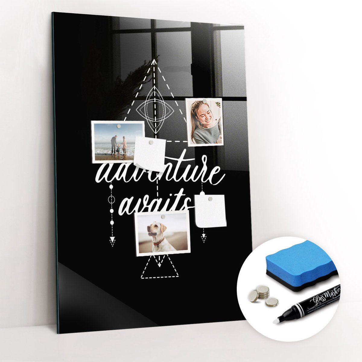 Tulup Whitebord - Avontuur - Adventure - 60 x 90 cm - Wit Memo Bord - Gratis 5 Sterke Magneten + Whiteboard Marker & Wisser - Minimalistisch Prikbord - Memo Magneetbord - Planning Muur