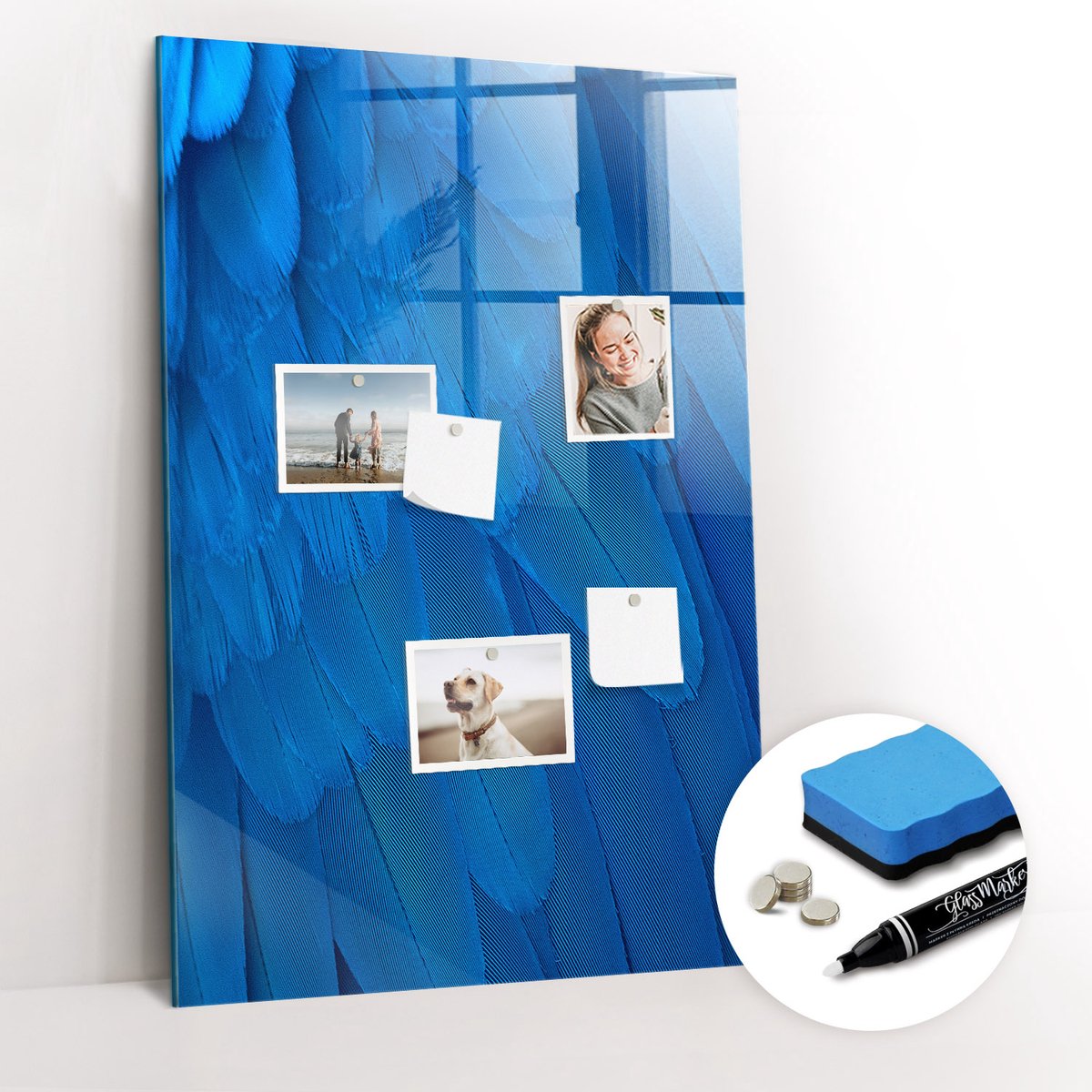 Tulup Whitebord - Vogelveer - 60 x 90 cm - Blauw Foto Magneetbord - Gratis 5 Sterke Magneten + Whiteboard Marker & Wisser - Decoratief Magnetisch Bord - Magneetbord Keuken - Ideeënbord Thuiswerkplek