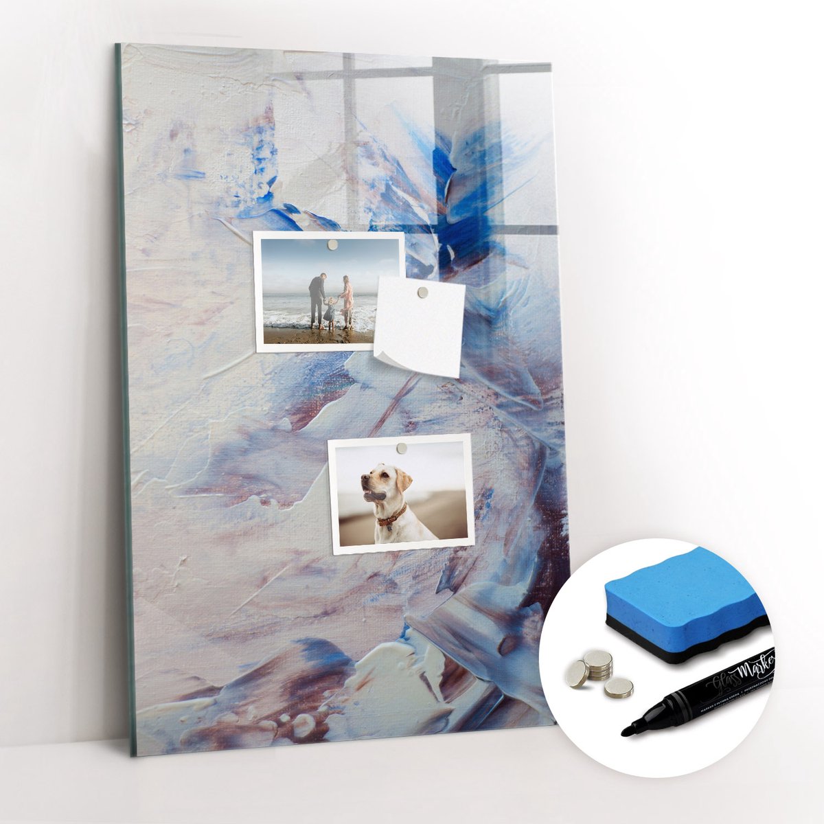 Tulup Whitebord - Abstracte schilderkunst - 40 x 60 cm - Blauw Memobord Glas - Gratis 5 Sterke Magneten + Whiteboard Marker & Wisser - Design Memobord - Memo Bord - Ideeënbord Thuiswerkplek