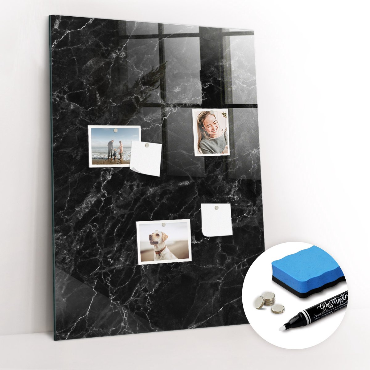 Tulup Whitebord - Mat donker marmer - 70 x 100 cm - Zwart Memobord Magnetisch - Gratis 5 Sterke Magneten + Whiteboard Marker & Wisser - Design Memobord - Memo Bord - Ideeënbord Thuiswerkplek
