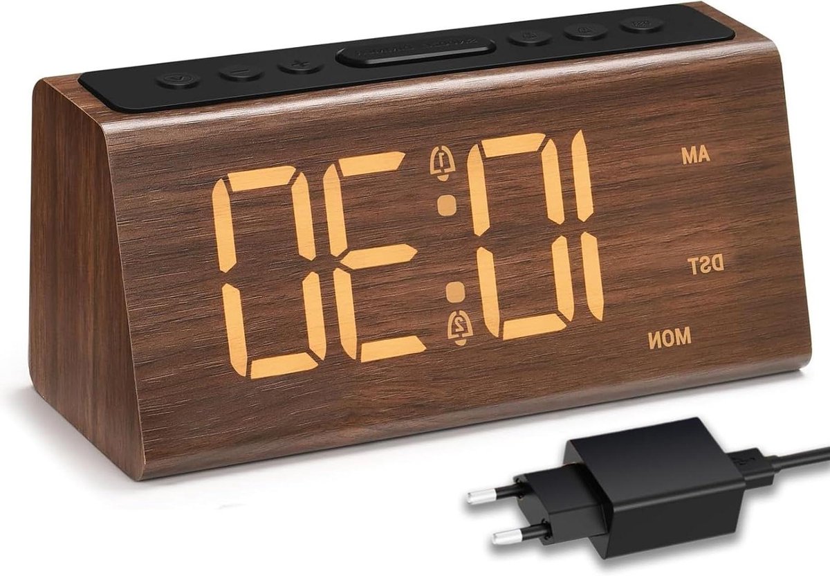 Digitale Houten Klok - Wekker Hout - Niet Storen - Dubbel Alarm - 7 x 3.81 x 6 cm - Houtkleur