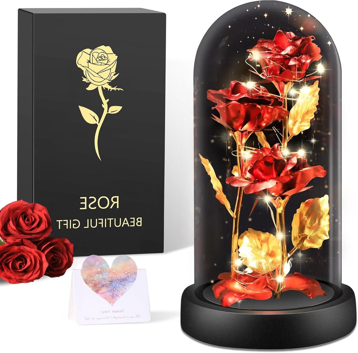 Eeuwige Roos Glas - Bewaren Bloem Decoratie - Romantisch Cadeau - Met LED Verlichting - 22 cm Hoog - Blauw