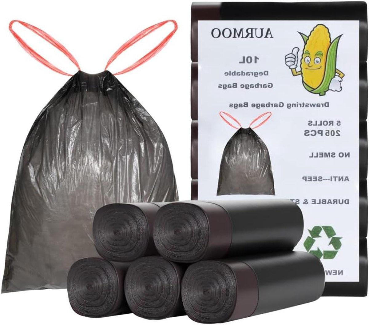 Vuilniszakken met Trekkoord - Afvalzakken Organisch - Huishoudelijk Afval Sorteren - Biologisch Afbreekbaar Materiaal - 10L 205 stuks - Zwart