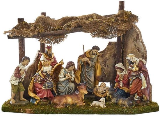 Kerststal met figuren - Geboorte set - Kerstmis vieren - 11 delig - 45 x 22 x 33 cm