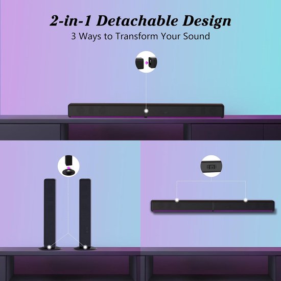 Soundbar met RGB LED - 2.1CH Bluetooth Speaker - Home Theater Geluid - Afneembaar 2-in-1 Ontwerp - 34 Inch Speaker — afbeelding 5