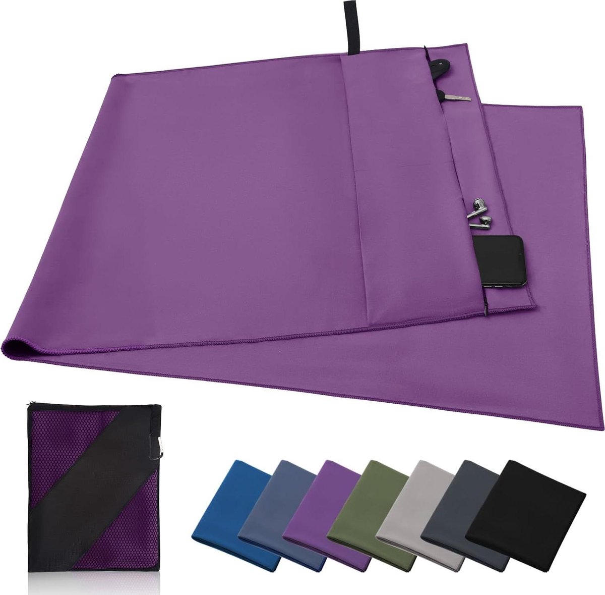 Fitnesshanddoek Microvezel - Sporthanddoek Gymhanddoek - Sporten en Reizen - Met Ritsvak en Ophanglus - 130 x 50 cm - Lila