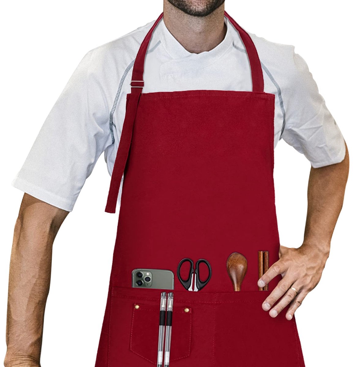 Schort, 70 x 85 cm, 100% katoenen keukenschort met verstelbare hals, riem, professionele kwaliteit, BBQ-schort, donkerrood