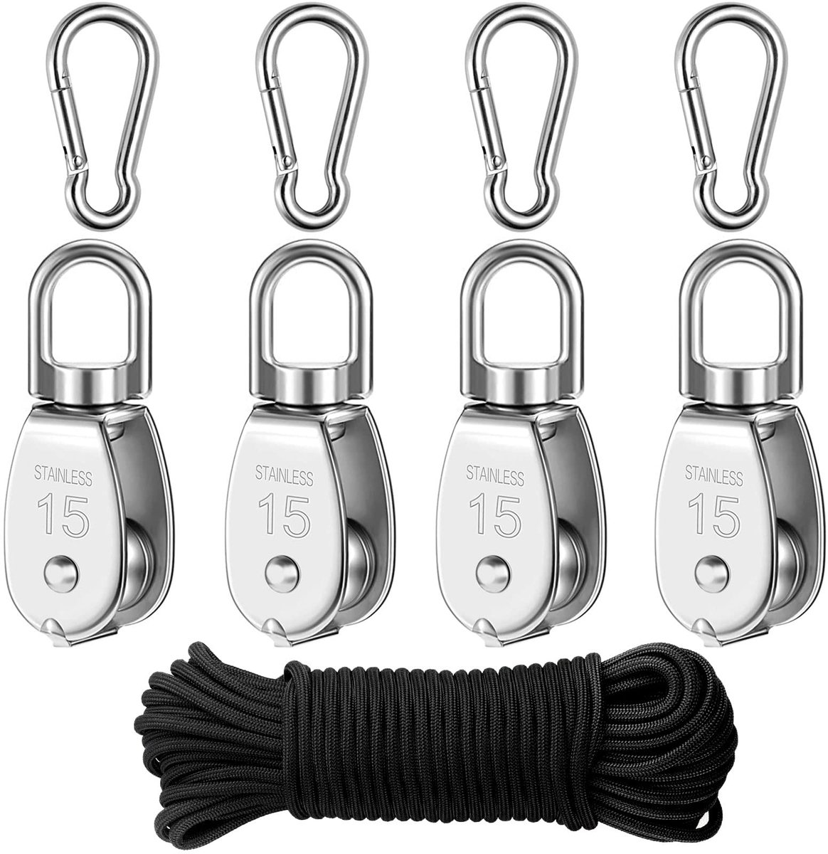 Katrolrol, schelp riemschijf roller voor touwen, 4 stuks koord en karabijnhaak, omleidingskatrol, flessentrekker enkelset, omleidingskatrol staalkabel, omleidingskatrol flessentrekker