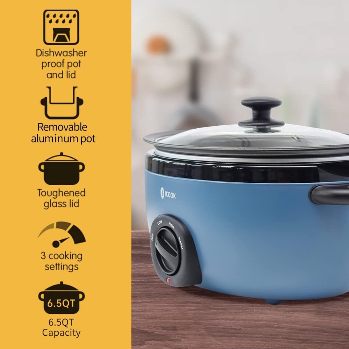 Slowcooker - Stoofpot Pan - Maaltijden Bereiden - Uitneembare Aluminium Pot - 6.5 Quart - Blauw – foto 5