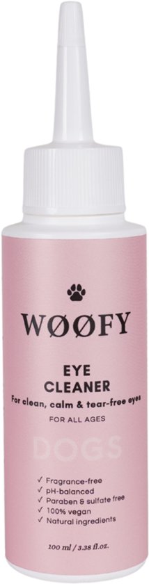 WØØFY oogreiniger voor honden, 100ml. Roze etiket met witte dop en tuitje. Geurloos, pH-gebalanceerd, parabeen- en sulfaatvrij, 100% vegan, natuurlijke ingrediënten.