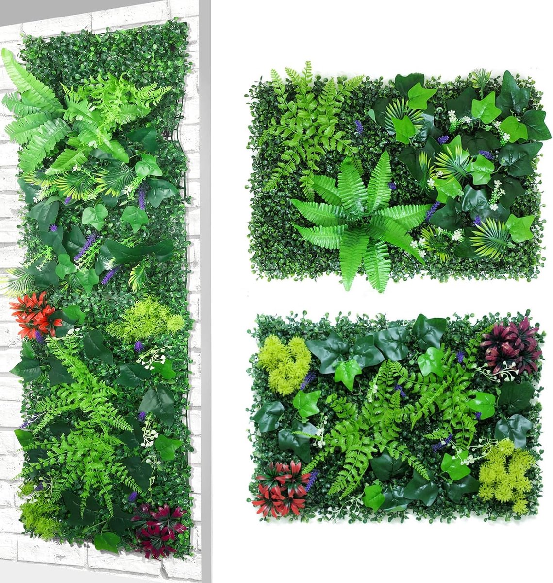 Kunstplantenwand, 60 x 40 cm, 2 stuks realistische kunstplanten, wandpanelen voor binnen en buiten, altijd groene wanddecoratie, balkon, tuin, terras, bruiloft, weerbestendig