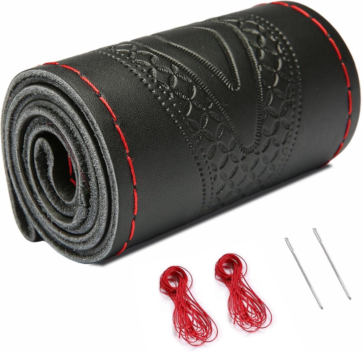 lederen stuurhoes, doe-het-zelf stuurhoes van zacht vezelleer op het stuur van de auto, universele pasvorm, 37-39 cm autowielen, met de hand genaaid, ademend rundleer (rood, lijn)