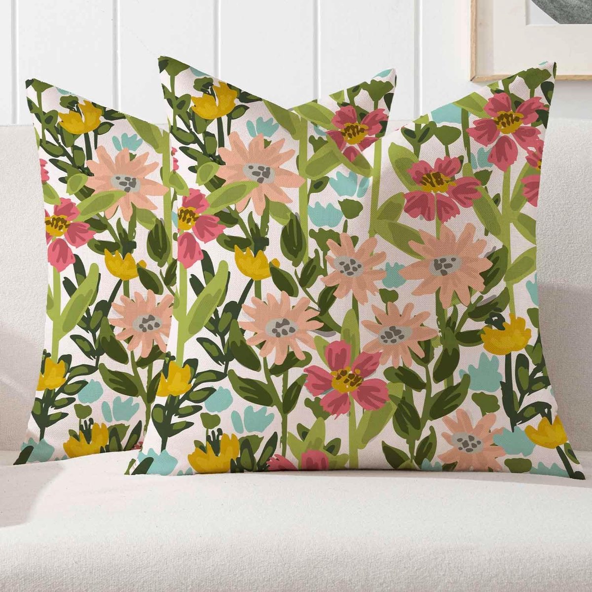 Kussensloop 50 x 50 cm, lente, groen, bloemen, kleurrijk, kussen, bankkussen, outdoor, bloem, decoratieve kussenslopen, kussensloop voor bank, woonkamer, tuin, decoratie, set van 2