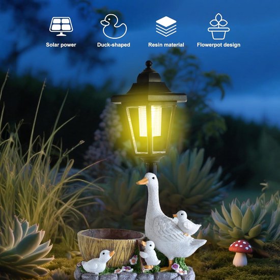 Beelden met zonne-lamp, eendbeeldjes tuin kunst sculpturen bloempot buitendecoratie voor patio tuin gazon veranda tuin ornamenten, Moederdag verjaardag housewarming geschenken — afbeelding 5