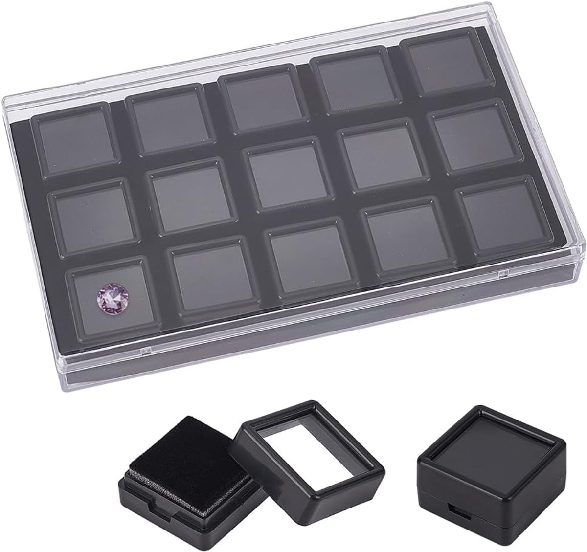 Set van 15 edelsteendisplayboxen, zwarte acryl diamant vitrine, 2,9x1,75cm juwelendoosje met doorzichtig glasvenster voor edelstenen, munten, ruit, cadeauverpakking