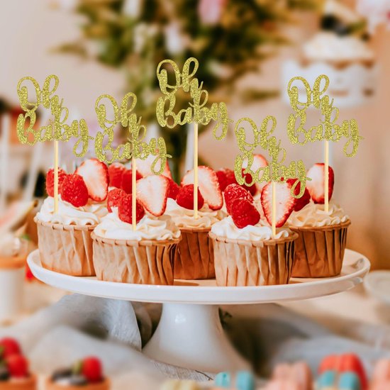 24 Stuks Oh Baby Cupcake Toppers, Glitter Cake Toppers Oh Baby Cupcake Prikkers Jongen of Meisje Thema Cupcake Toppers Baby Shower Cupcake Decoraties voor Kinderfeestjes (Goud) — afbeelding 3