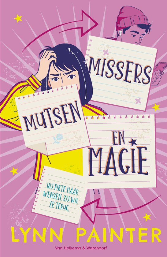 Boekcover met de titel 'Mutsen en magie' en 'Missers'. Een meisje en een jongen zijn afgebeeld.Lynn Painter.