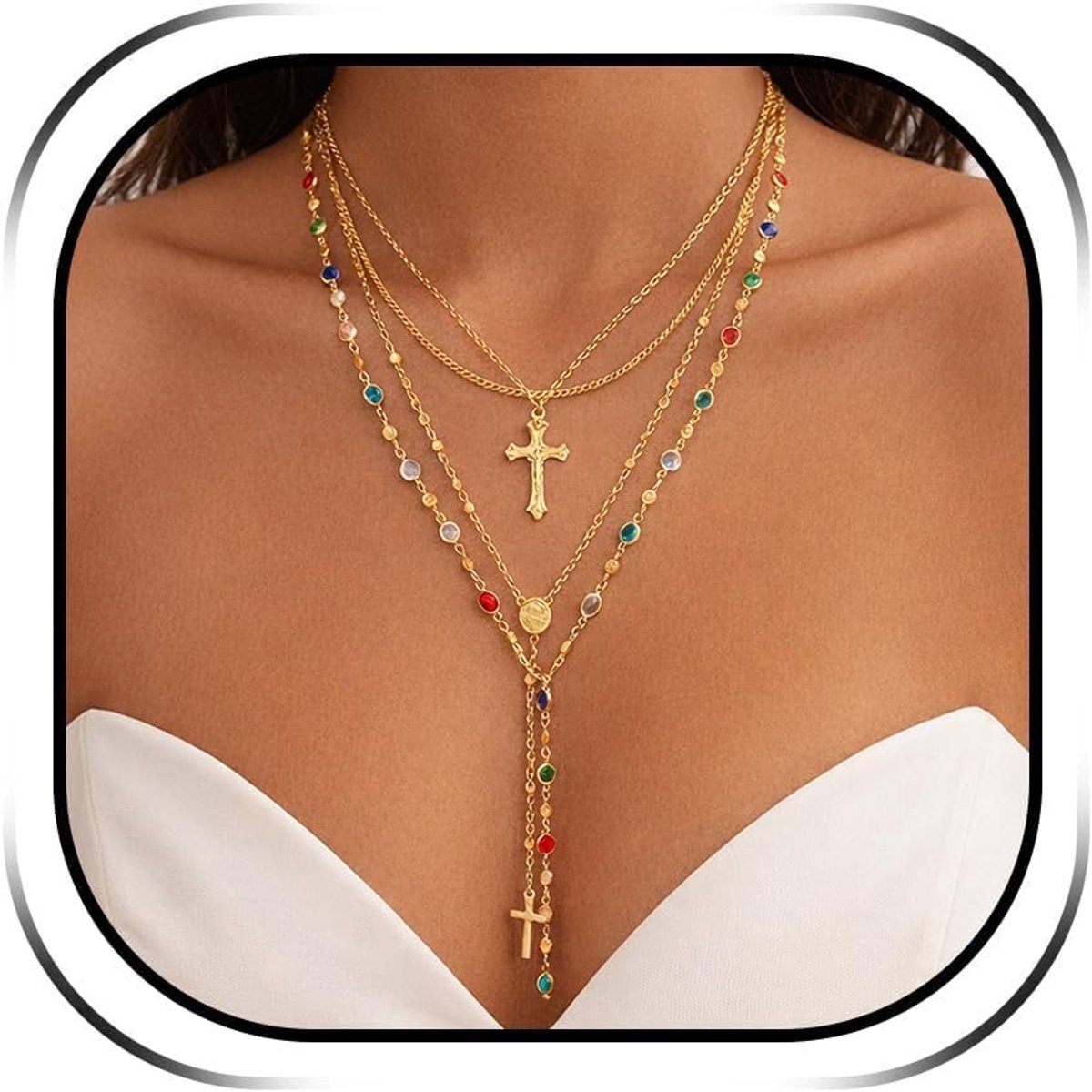 Set van 4 gouden kruishangers voor dames, elegante Y-vormige halskettingen in boho-stijl met kleurrijke parels, retro parelketting met verstelbare lengte, modieuze feestsieraden