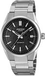 Zilverkleurig Edifice Casio horloge met een donkere wijzerplaat en datumvenster.