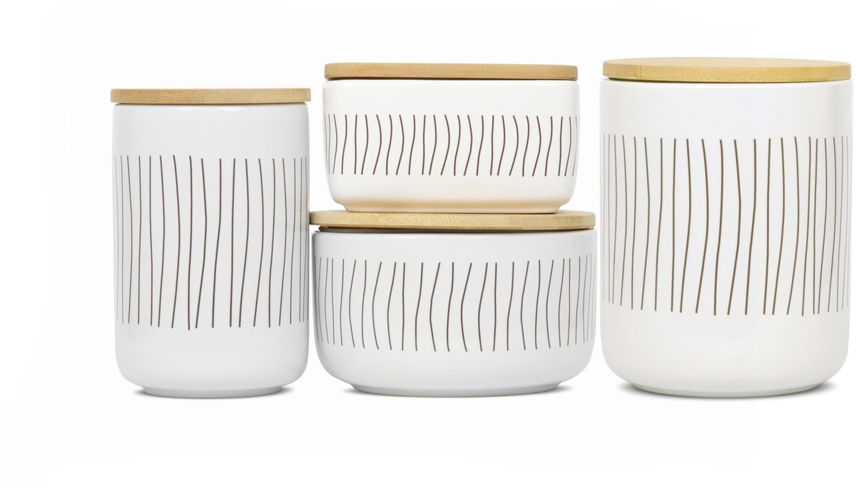 Set van 4 witte keramische voorraadpotten, gelinieerd, deksel van bamboe, voor keuken, badkamer, slaapkamer