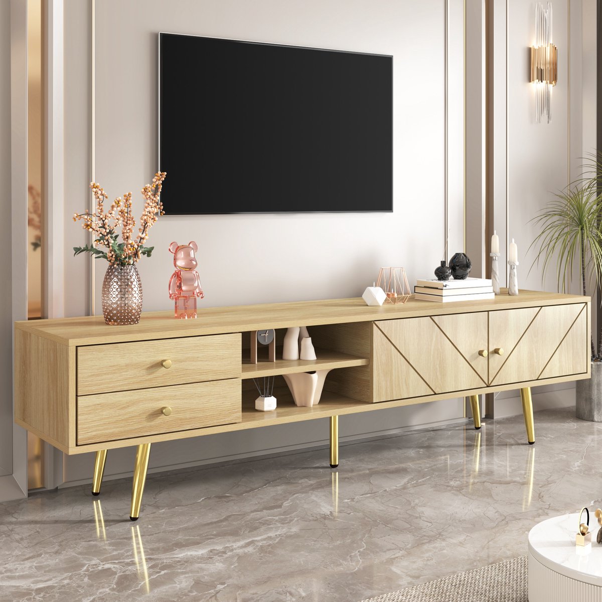 HAUSS SPOLE Dressoir - TV-Meubel Met 2 Lades En 2 Deuren - Met Open Vakken Voor Woonkamer - MDF En Spaanplaat - 160x36x42 cm - Houtkleur