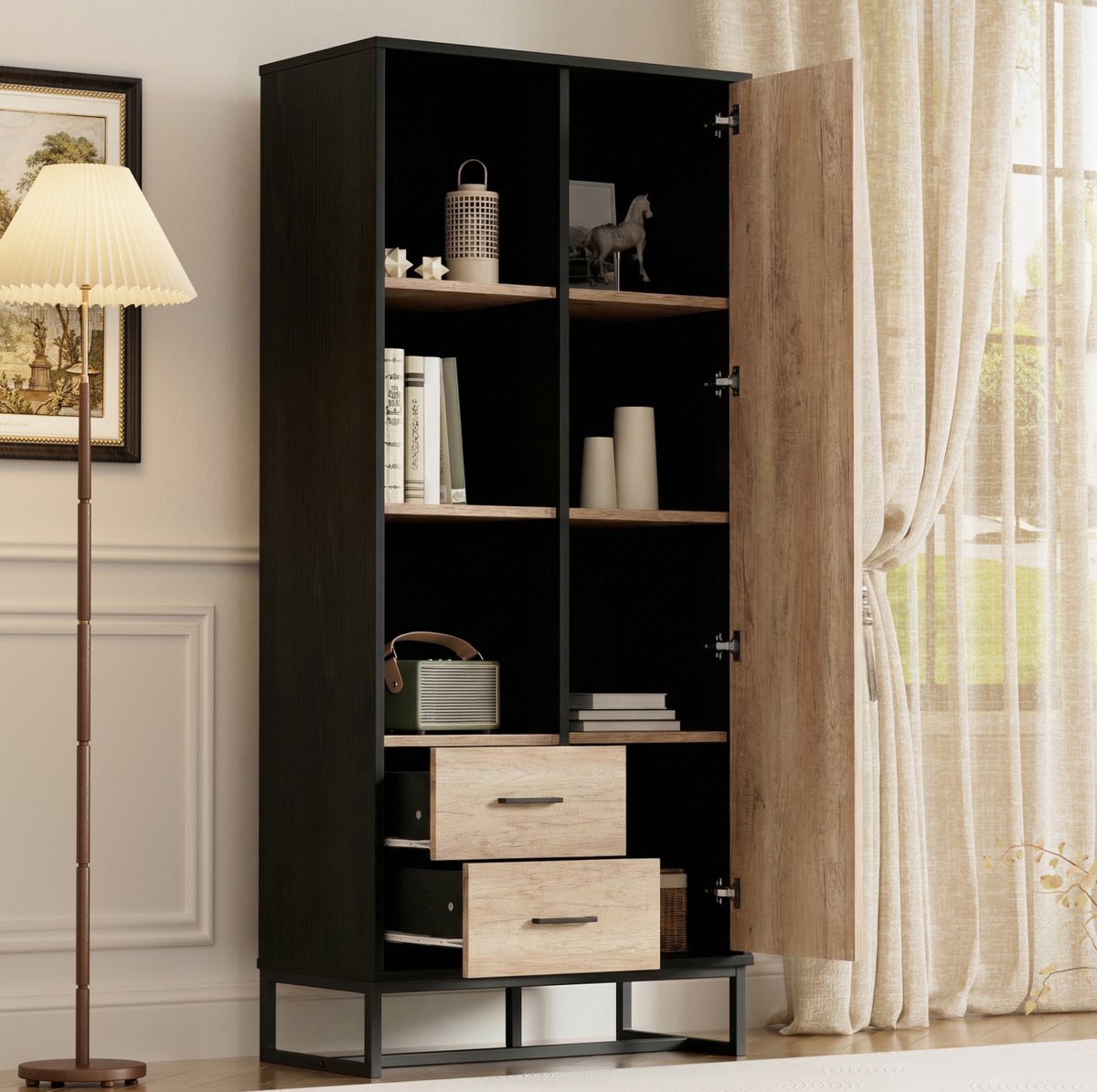 HAUSS SPOLE Kast - Highboard Met 1 Deur 2 Lades En 3 Open Vakken - Voor Woonkamer Bureau En Hal - MDF - 80x40x180 Cm - Zwart Houtkleur
