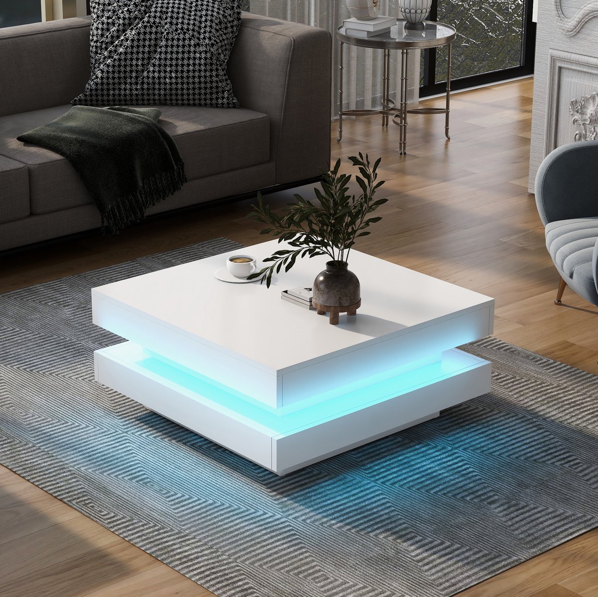 HAUSS SPOLE Salontafel - Vierkant Met Ledverlichting En Bluetooth Bediening - Modern Voor Woonkamer - Wit Spaanplaat - 70x70x36 Cm