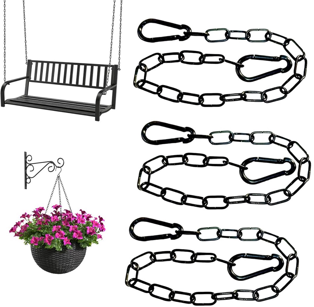 stalen ketting, 3 stuks, zwart, 0,6 m, roestvrijstalen ketting met karabijnhaak voor huisdierkooien, zwart, 60 cm